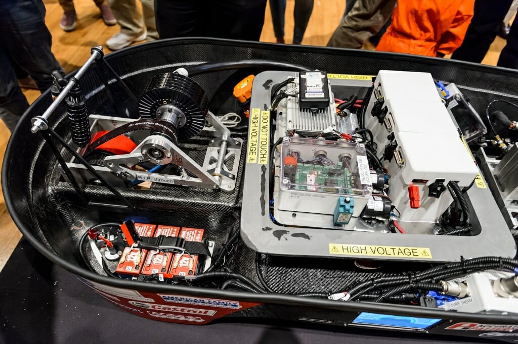 The Badgerloop pod's electronics are shown. A hyperloop involves a pod moving in a low-pressure tube at hundreds of miles per hour. 