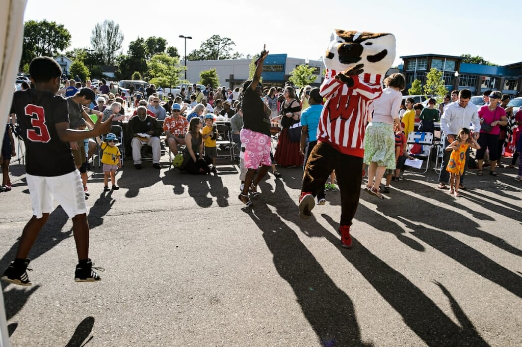 Photo: Bucky Badger leading crowd in dance