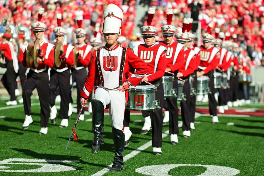 Photo: Badger Marching Band marching on 50-yard-line