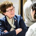 UW-Madison Chancellor Rebecca Blank listens to student Liliana Lule talk about her research project.