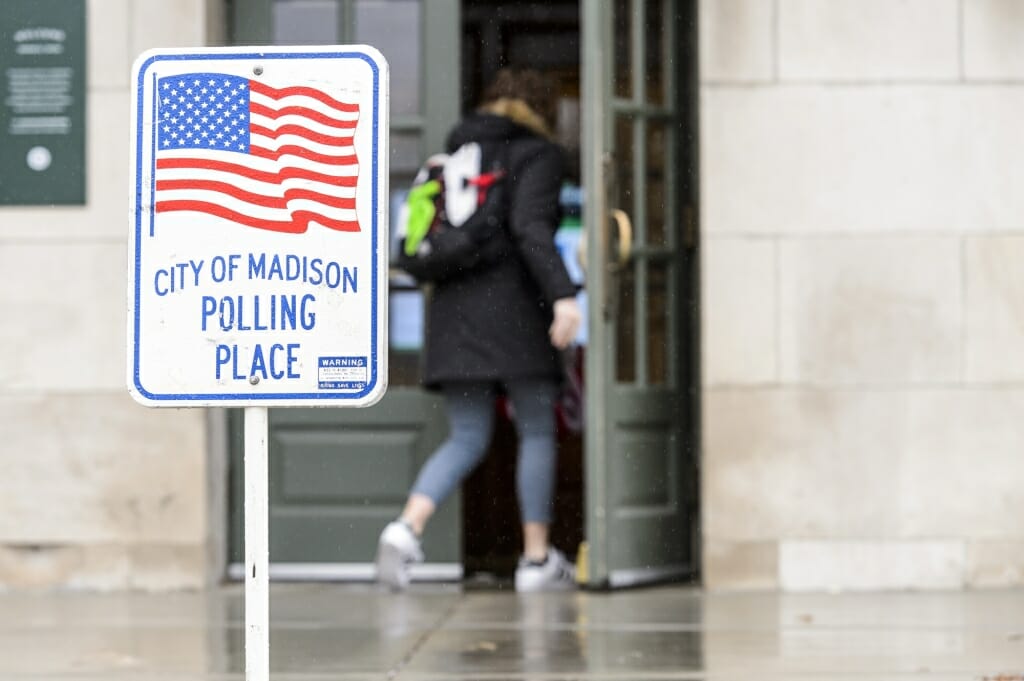 Students enter Memorial Union, one of several polling places for the spring election.
