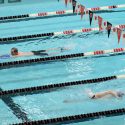 People swims laps in the pool at the Gymnasium-Natatorium at the University of Wisconsin-Madison on April 12, 2014. (Photo by Jeff Miller/UW-Madison)