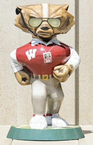 Photo of Bucky Badger statue modeled after UW Athletic Director Barry Alvarez, complete with headset and sunglasses.