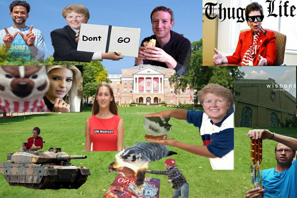 The cover photo from UW Memes for Milk-Chugging Teens, featuring Chancellor Blank riding a tank, Mark Zuckerberg eating a brat, Lori Berquam holding a sign that says "Don't go," and other humorous images.