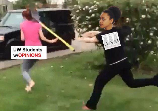 A meme depicting the student government chair hurling a shovel at a person (labeled "UW-Madison students with opinions")