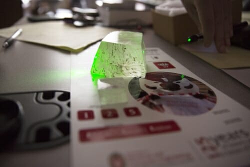 Photo: Calcite turned green by laser beam