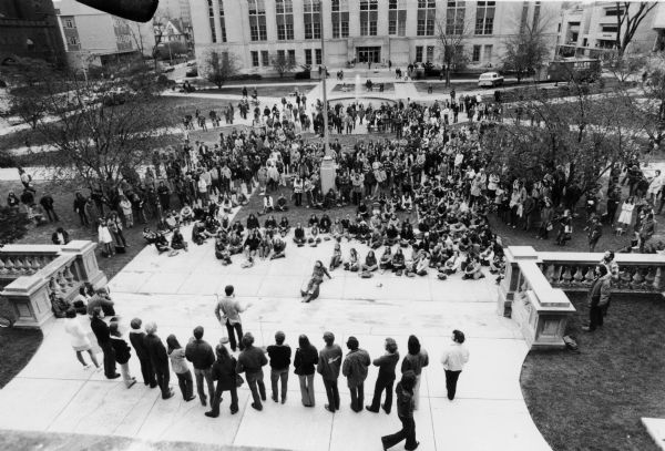 Elevated view of a student protest on the Library Mall at the University of Wisconsin–Madison campus.