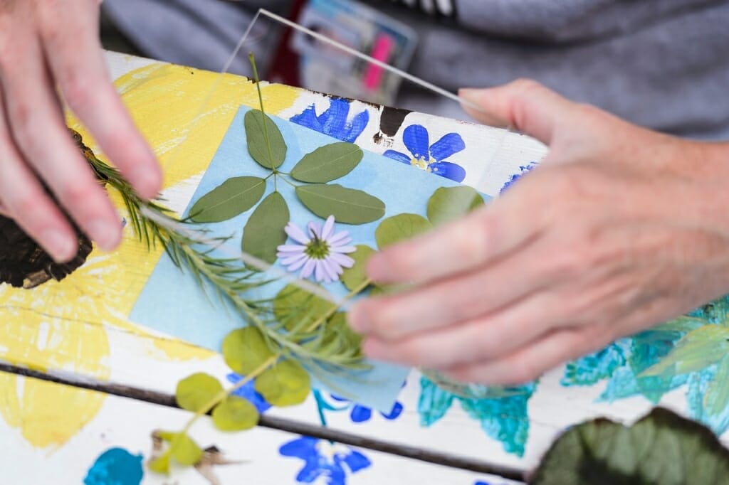 Rebecca Buckman, with the School of Business Bolz Center for Arts Administration, prepares her leaves on the light sensitive paper.