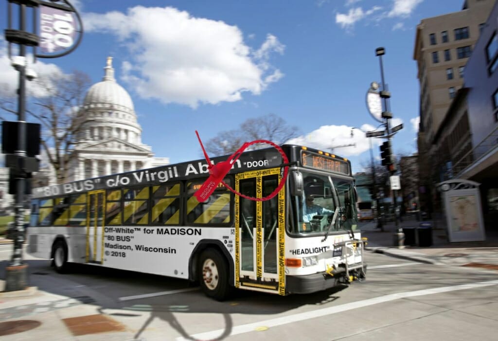 Photo illustration: Bus with Abloh messages on it