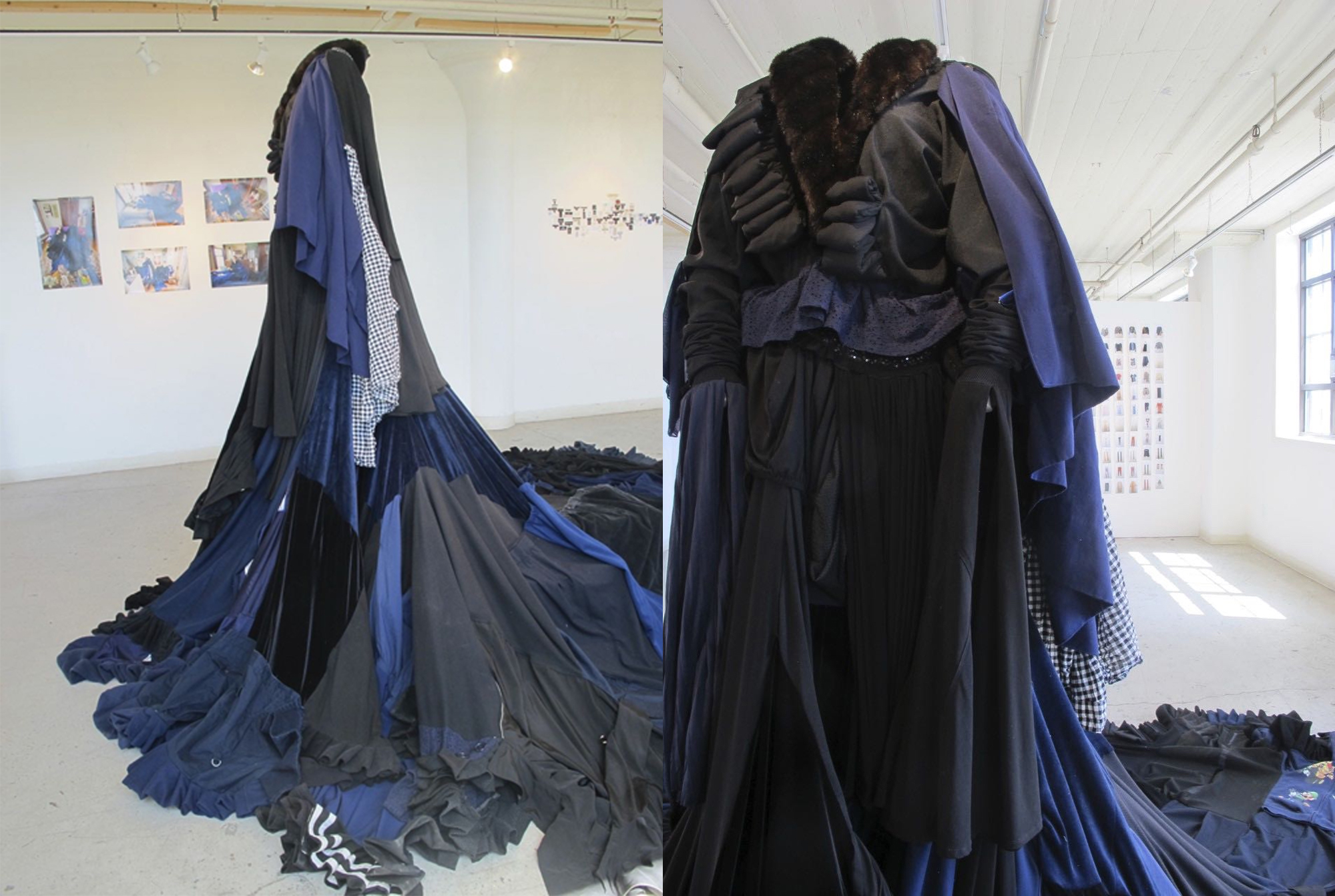 The 100 pound dress Emily Popp created entirely out of recycled clothing. It's a mixture of black and blue garments combined into one large, flowing dress. 