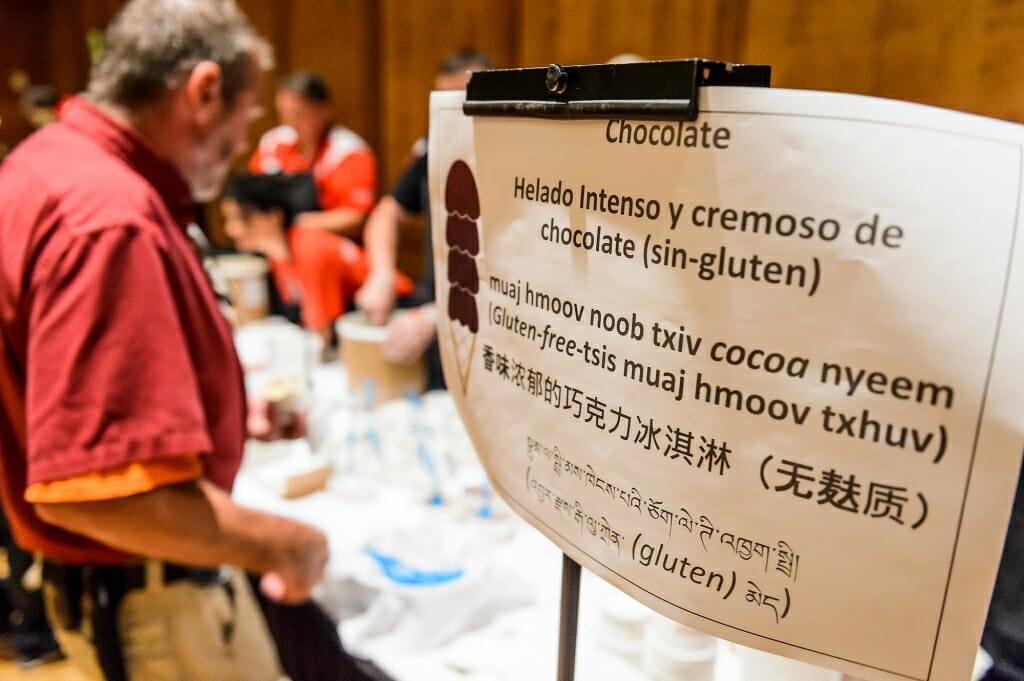 Photo: Sign for chocolate ice cream translated into several languages