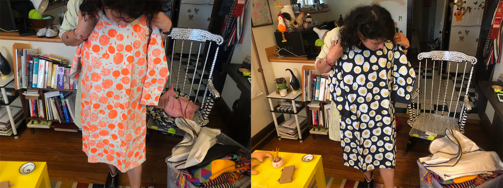 Two dresses designed by Luisa Fernanda Garcia which she takes to Colombia for small artisans to construct. The egg tunic (right) represents women's reproductive rights. The other dress (left) is an orange and tan printed tunic.