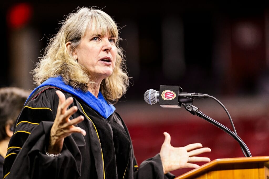 Lori Reesor, vice chancellor of student affairs, speaks at the ceremony.
