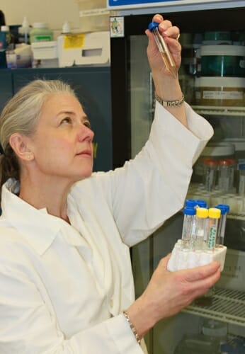 Photo: Marina Emborg looking at pipette and holding a beaker