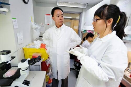 Photo: Su-Chun Zhang and researcher in lab wearing white lab coats