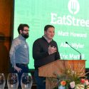 Photo of EatStreet CEO Matt Howard accepting the 2018 Entrepreneurial Achievement Awards on Nov. 14 with co-founders (from left) Alex Wyler and Eric Martell.