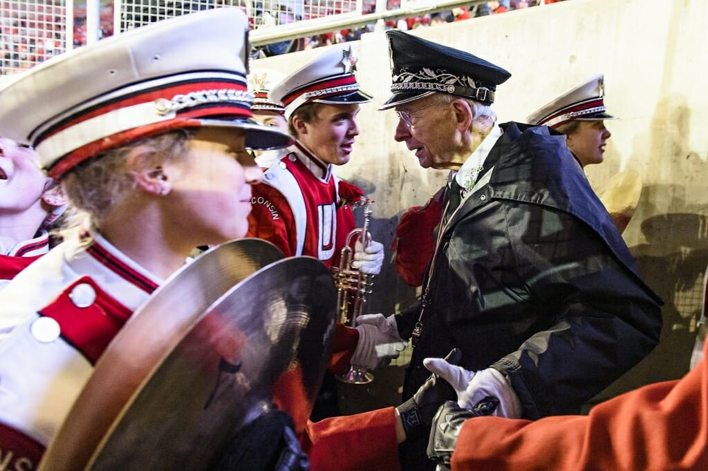 Band members say farewell to Leckrone after his final home football game.