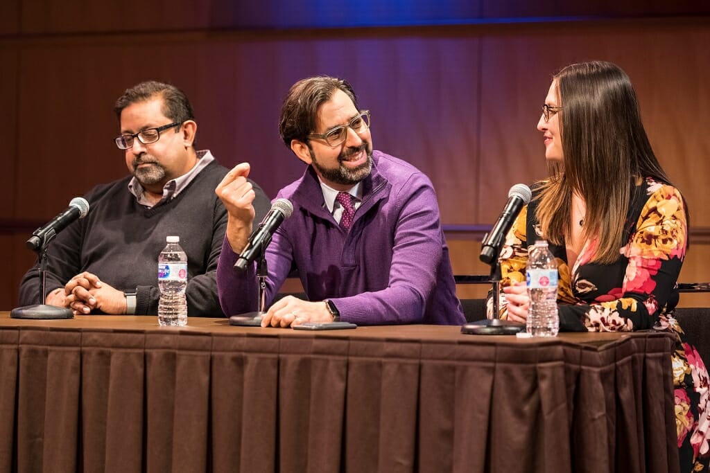 Photo of Photo of experts gathered Nov. 7 to discuss “media after the midterms” at the Overture Center. From left, Dhavan Shah, professor in the School of Journalism and Mass Communication; David Folkenflik, NPR correspondent and journalist-in-residence; and Jessie Opoien, Capital Times political reporter.