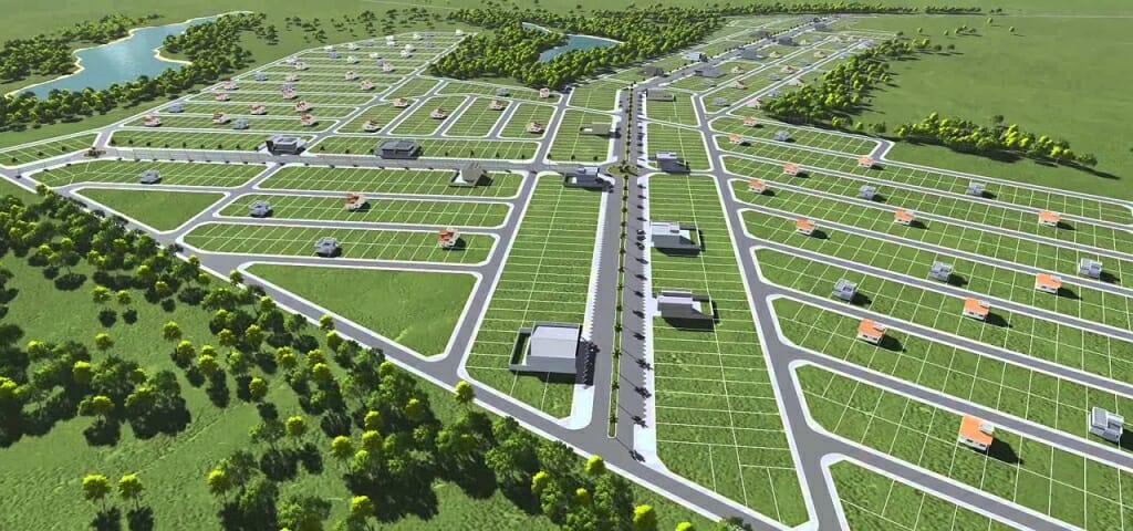 Illustration: Aerial view of subdivision houses with new streets and lot boundaries