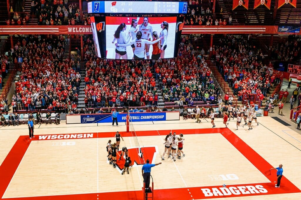 A view of the entire court after a win over Green Bay. The Badger players are gathered in celebration as the Phoenix players wait for the handshake.