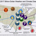 A map of the United States highlighting locations of weather disasters.