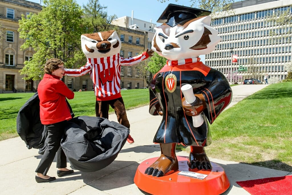 Photo: Rebecca Blank with Bucky Badger and Graduate Bucky statue