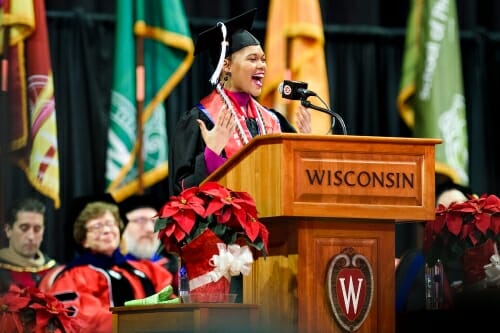 Photo of student speaker Jamie Dawson delivering her address