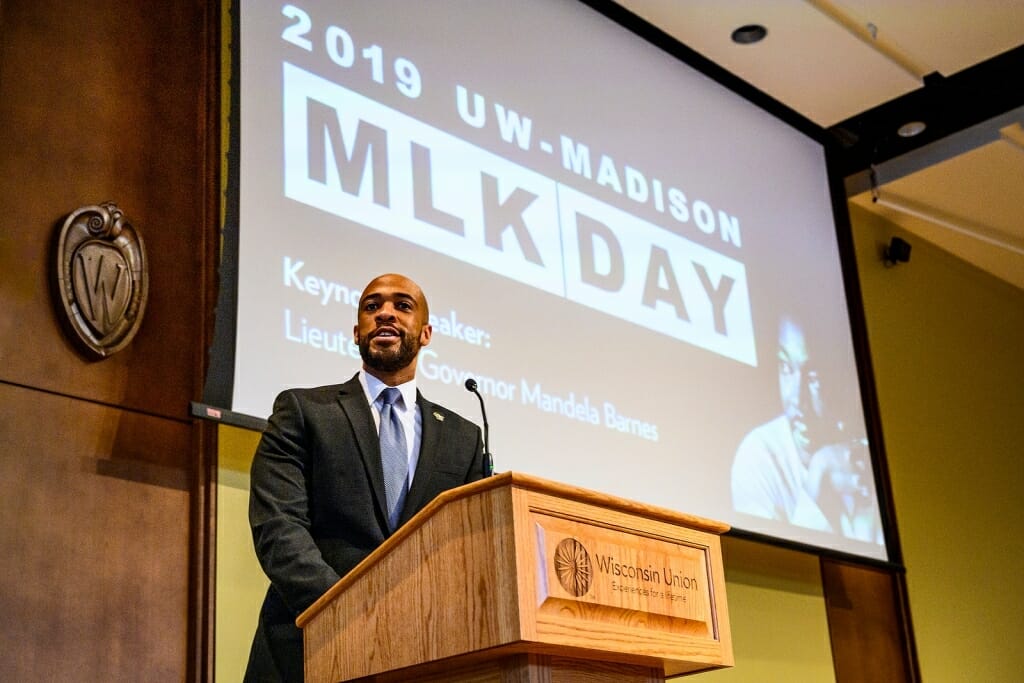 Photo of Barnes at podium