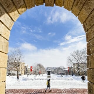 Photo: A stone archway frames Bascom Hill.