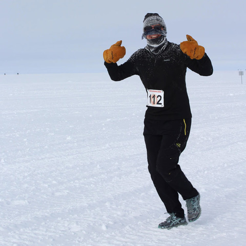 Photo: 002: IceCube winterover Kathrin Mallot running a half marathon at the South Pole in January, 2019