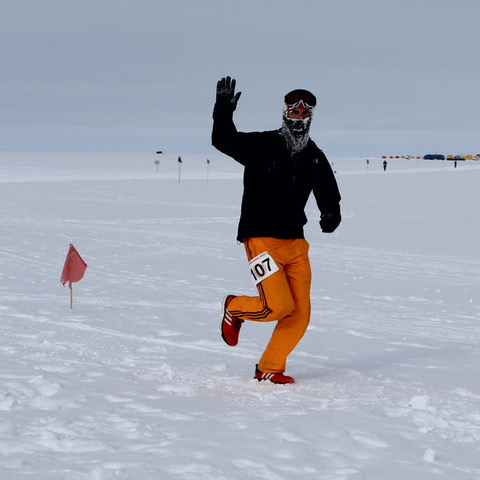 Photo: 003: IceCube winterover Benjamin Eberhard running a half marathon at the South Pole in January, 2019