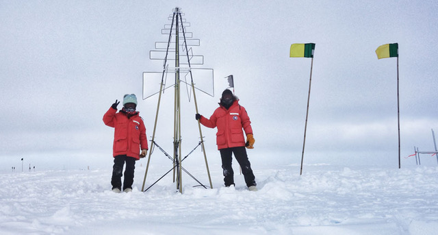 Photo: Installing a new radio antenna to support future expansions of IceCube in January, 2019.