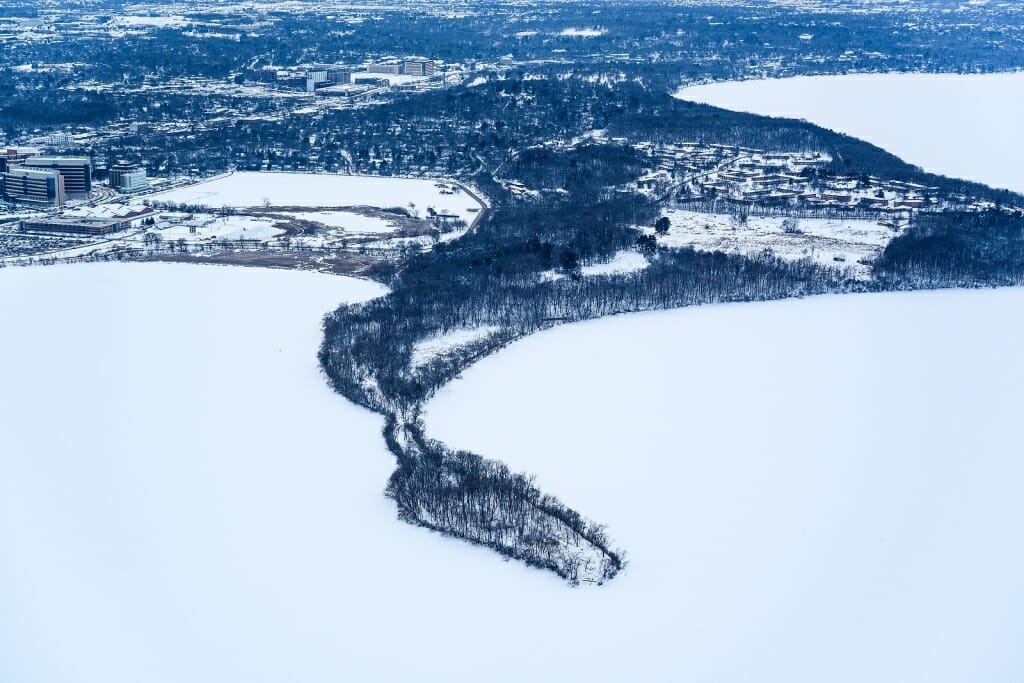 Photo: Aerial view of west campus buildings