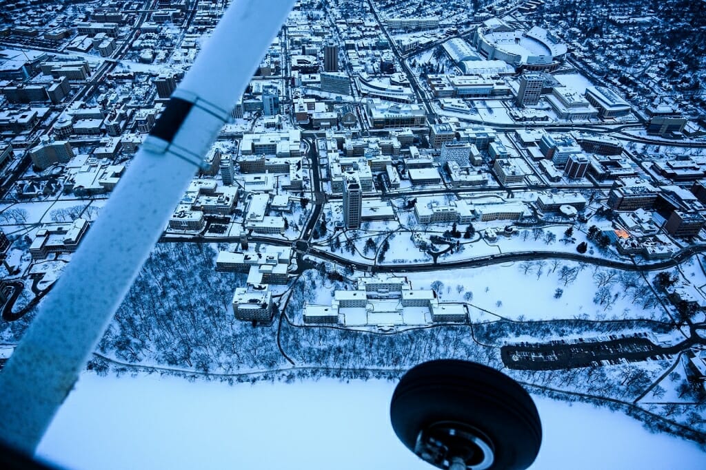 Photo: Aerial view of central campus buildings