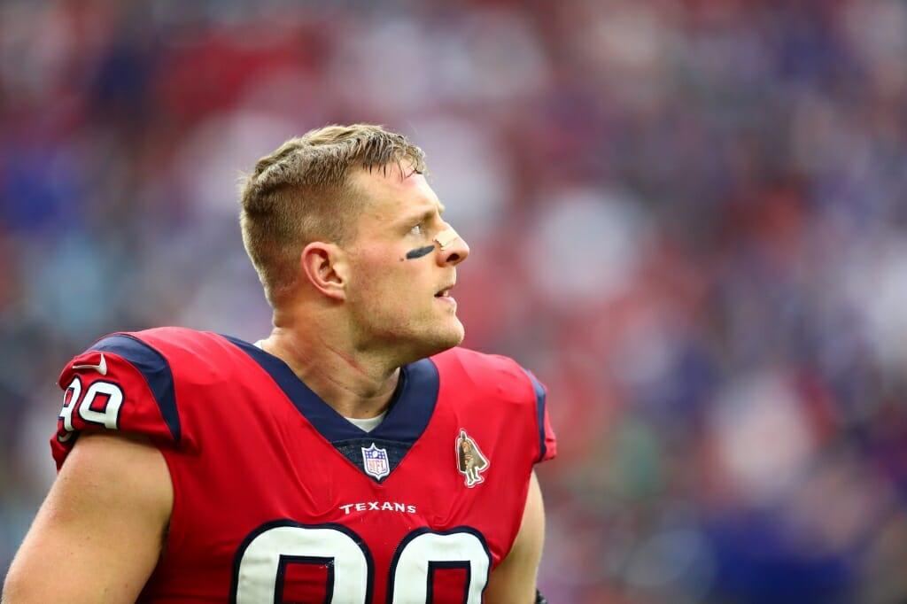 Photo: J.J. Watt with helmet off at the game.