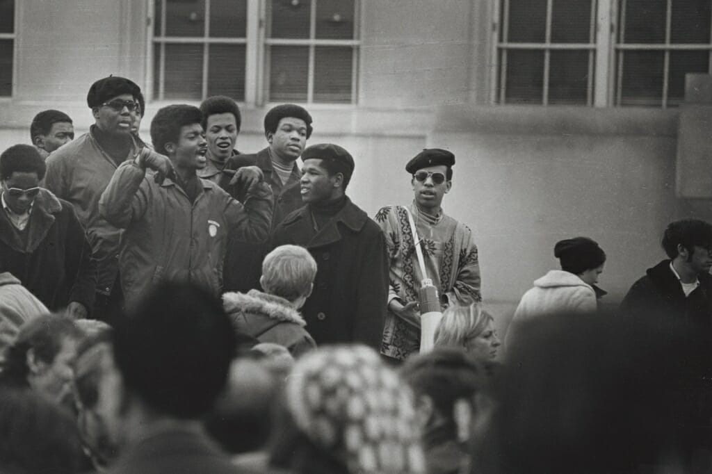 Photo of some of the leaders of the Black Student Strike of 1969 gather to speak at a rally.