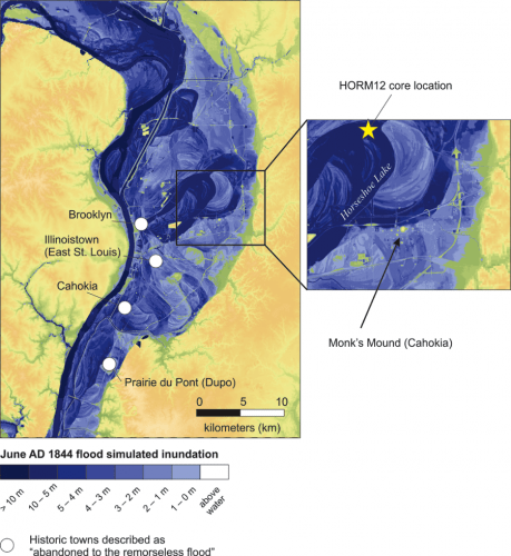 Graphic: A map of the geology of the Cahokia site, centered on a river.