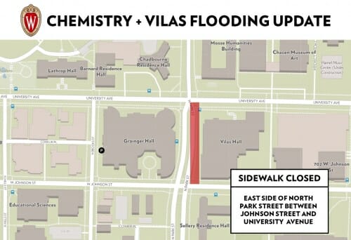 Map showing sidewalk closure on east side of North Park Street between Johnson Street and University Avenue.