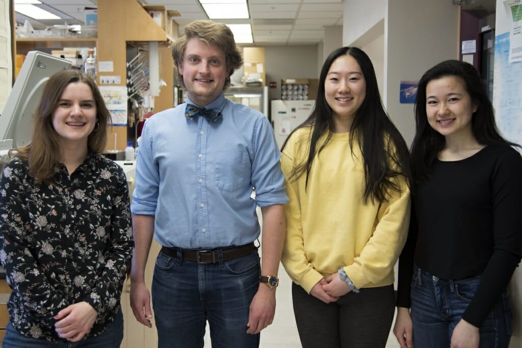 Photo, four people stand in a lab.