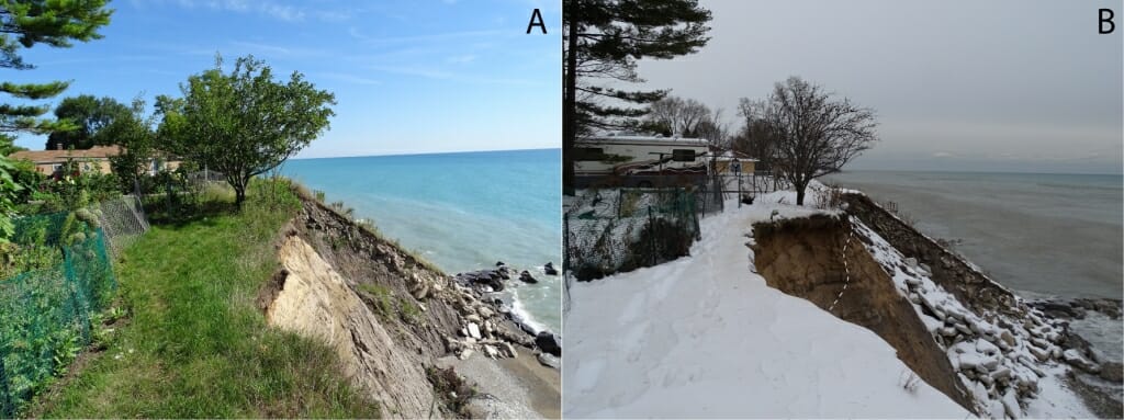 Photo: Photo of bank of Lake Michigan, before and after it was firmed up.