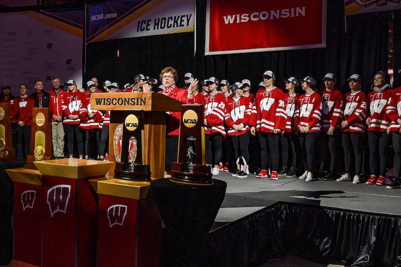 Photo of Chancellor Rebecca Blank speaking to the crowd.