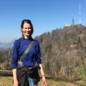 Christina Remucal is shown hiking in Switzerland.