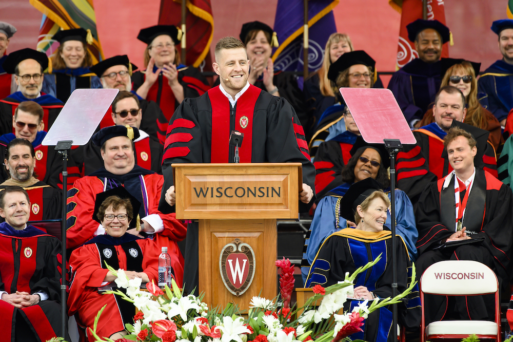 Photo of J.J. Watt speaking at the podium.