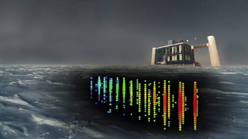 Illustration: The IceCube facility is shown on the ice, with illustrations of a neutrino-detection event.