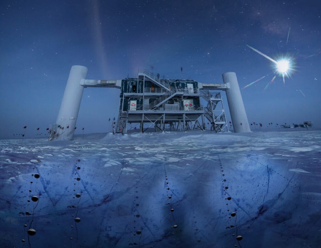 Illustration: A building stands on the ice in the dark of the Antarctic night.