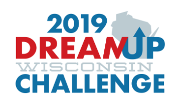 Logo reading 2019 DreamUp Wisconsin Challenge with a silhouette of the state of Wisconsin