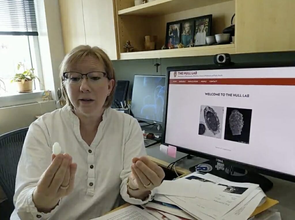 Photo: A woman gesticulates in front of a compouter.