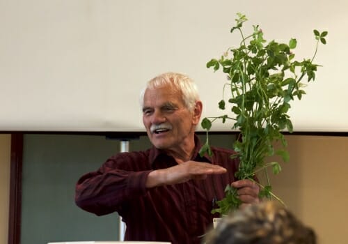 Photo: A man holds a plant and gesticulates as he speaks to a crowd.