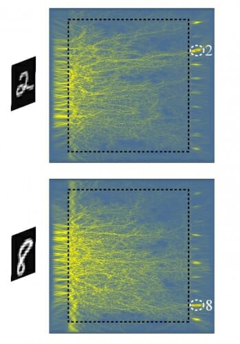 Photo: Two images show light patterns, graphically.