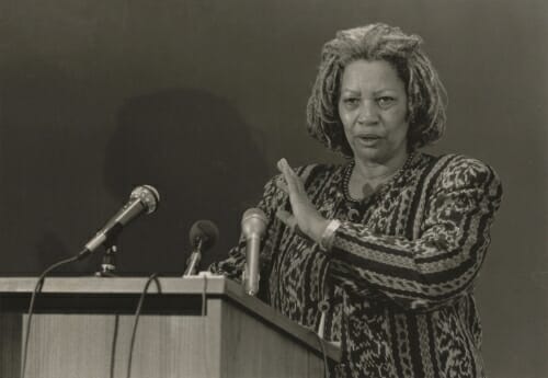 Photo: Toni Morrison at a podium.